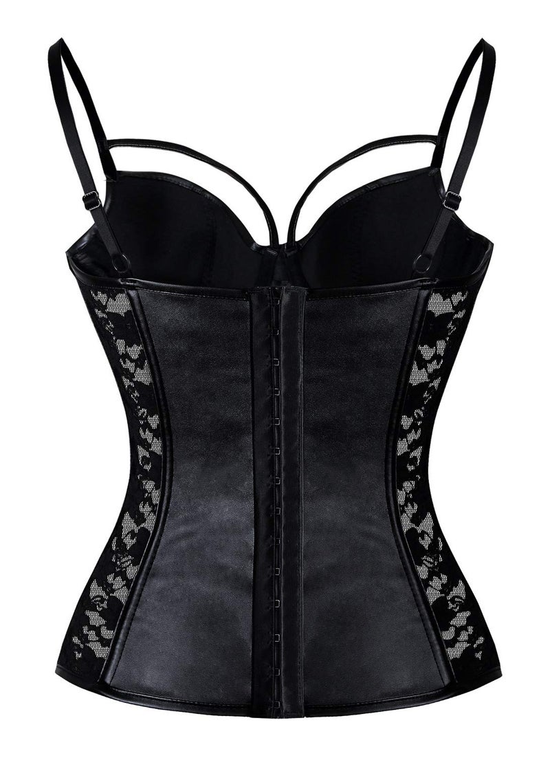 Charmian Women's Steampunk Gothic Black Lace Corset Bustier Faux Leather Bra Lingerie Black XX-Large - Image 4